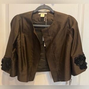 GOLD HAWK Silk Bolero Cropped Jacket Crystal Stone Embellished Dark Brown XS NWT